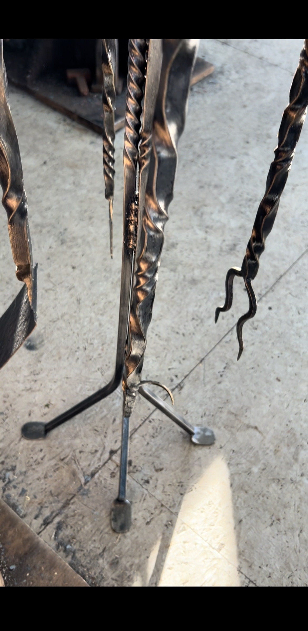 Hand forged 4 piece  bbq tool set with forged stand.