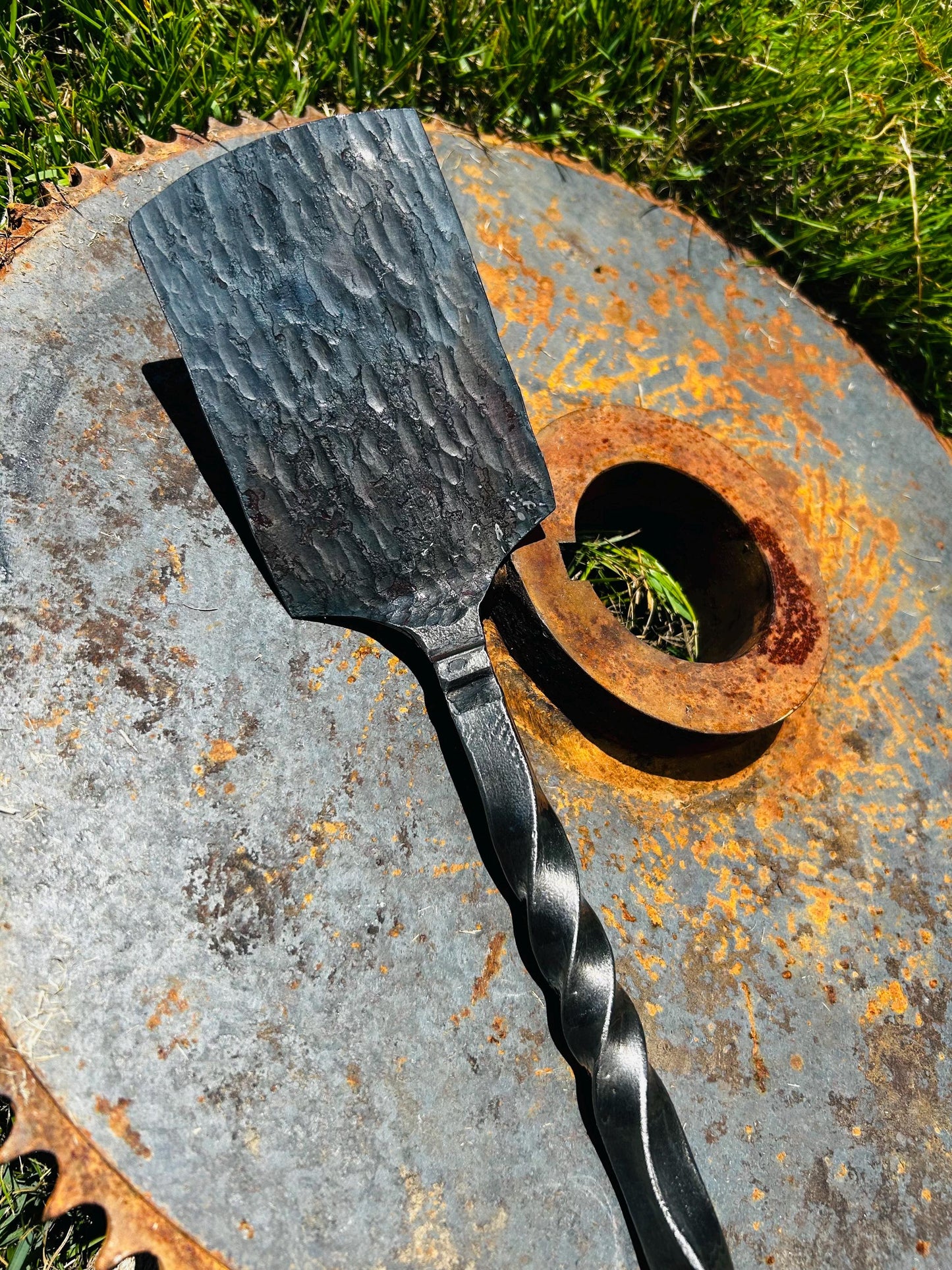 Hand forged 4 piece  bbq tool set with forged stand.