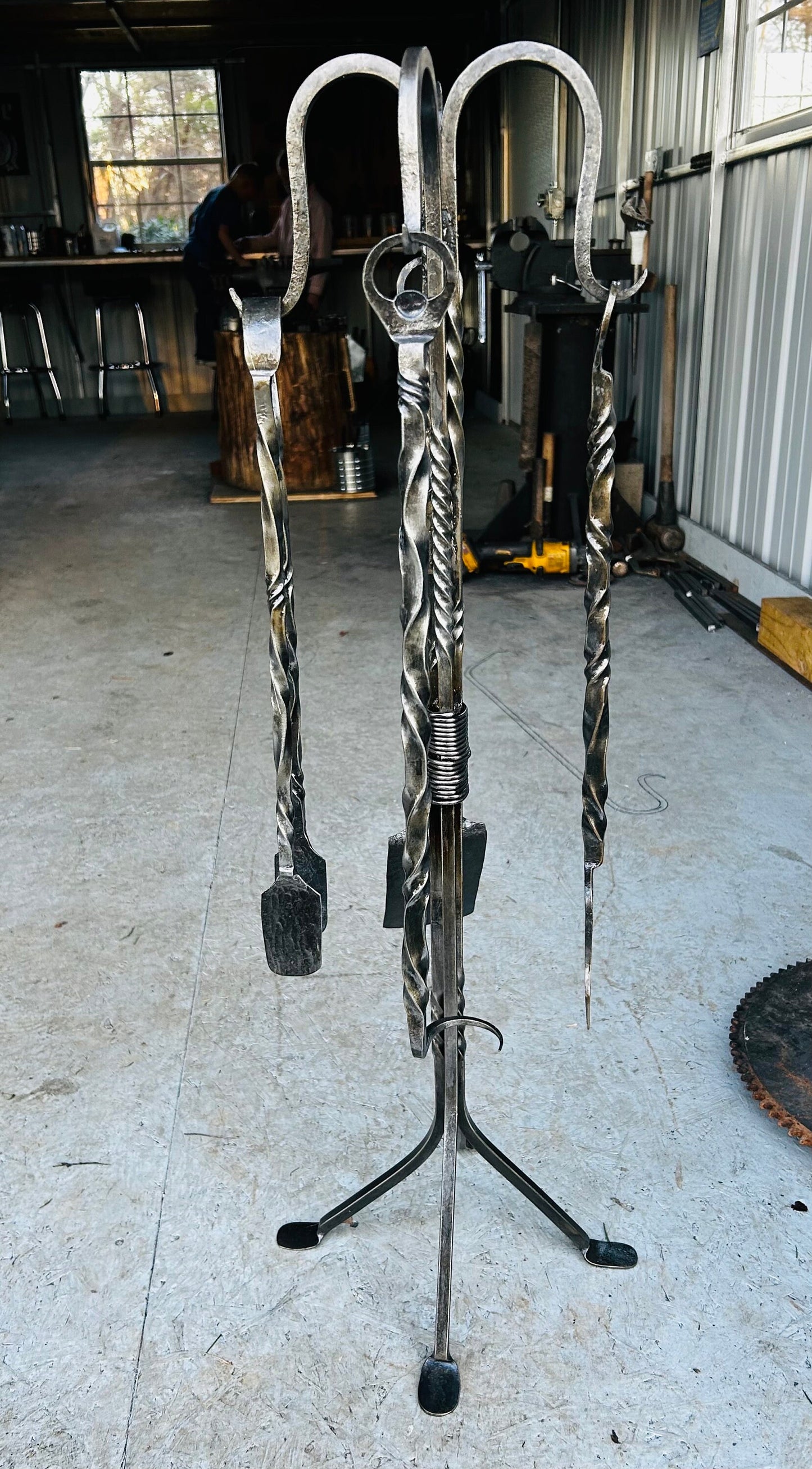 Hand forged 4 piece  bbq tool set with forged stand.