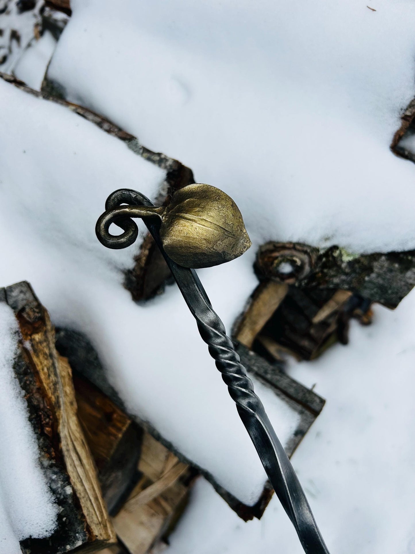 Hand forged meat turner. 3/8” carbon steel. Light yet strong with a forge finish and leaf end. 16” long