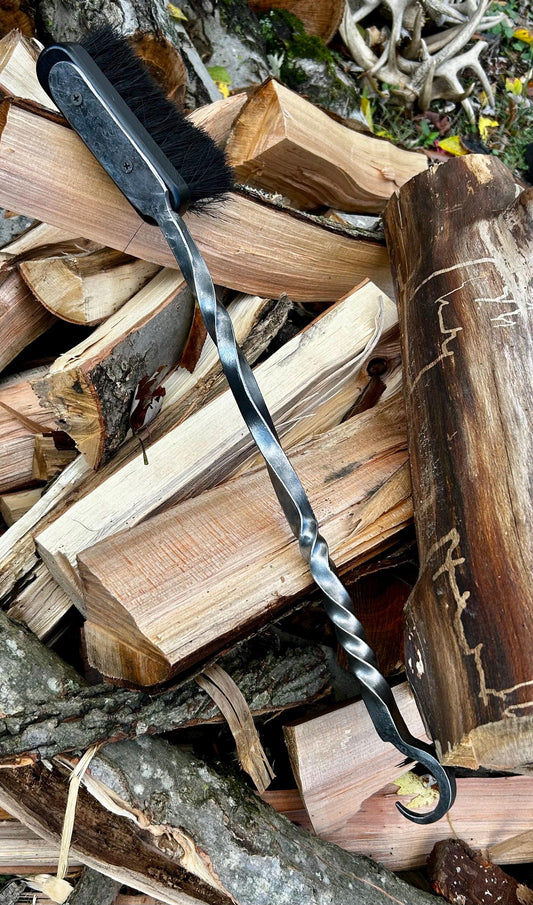 Hand forged and hand finished fireplace brush. Forged crook end for hanging and 18”-20” in length