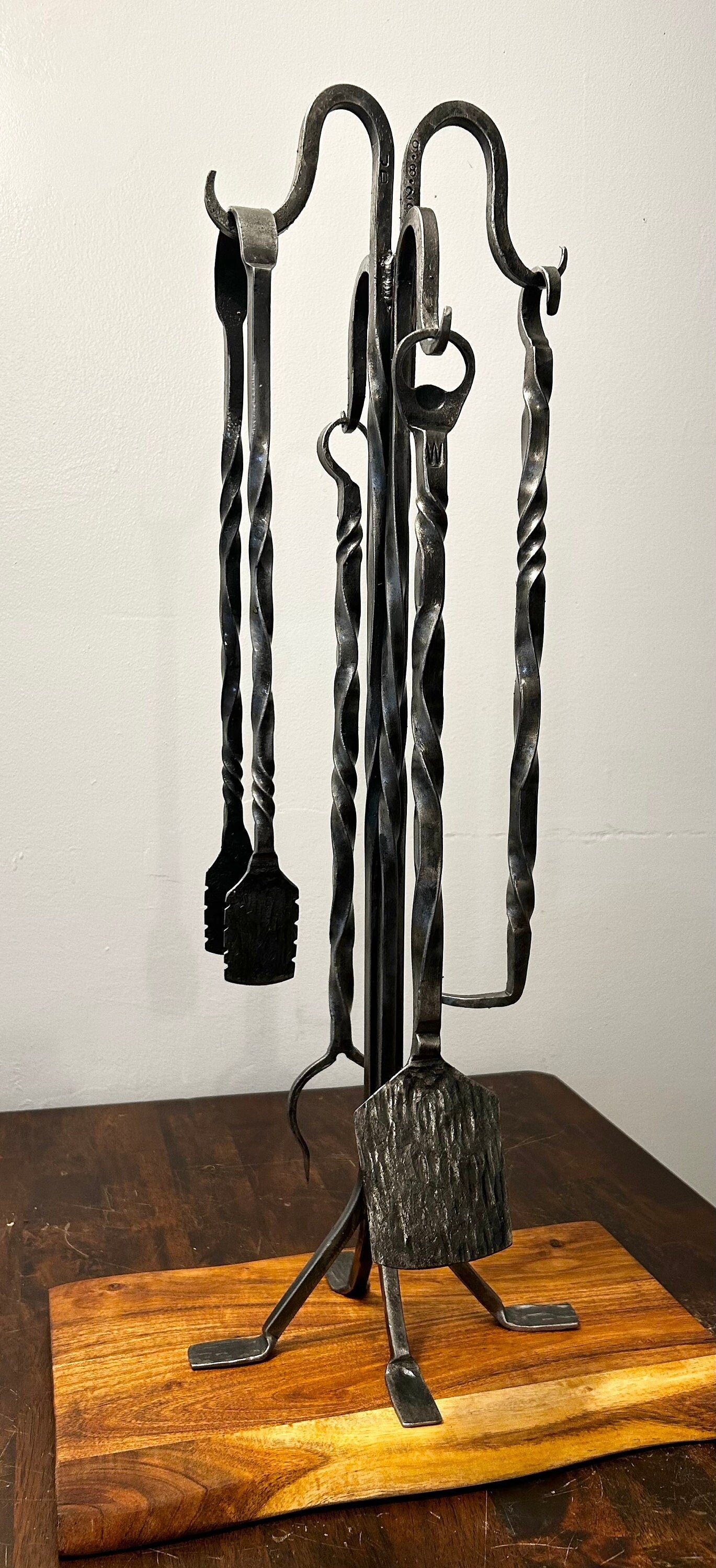 Hand forged 4 piece  bbq tool set with forged stand.