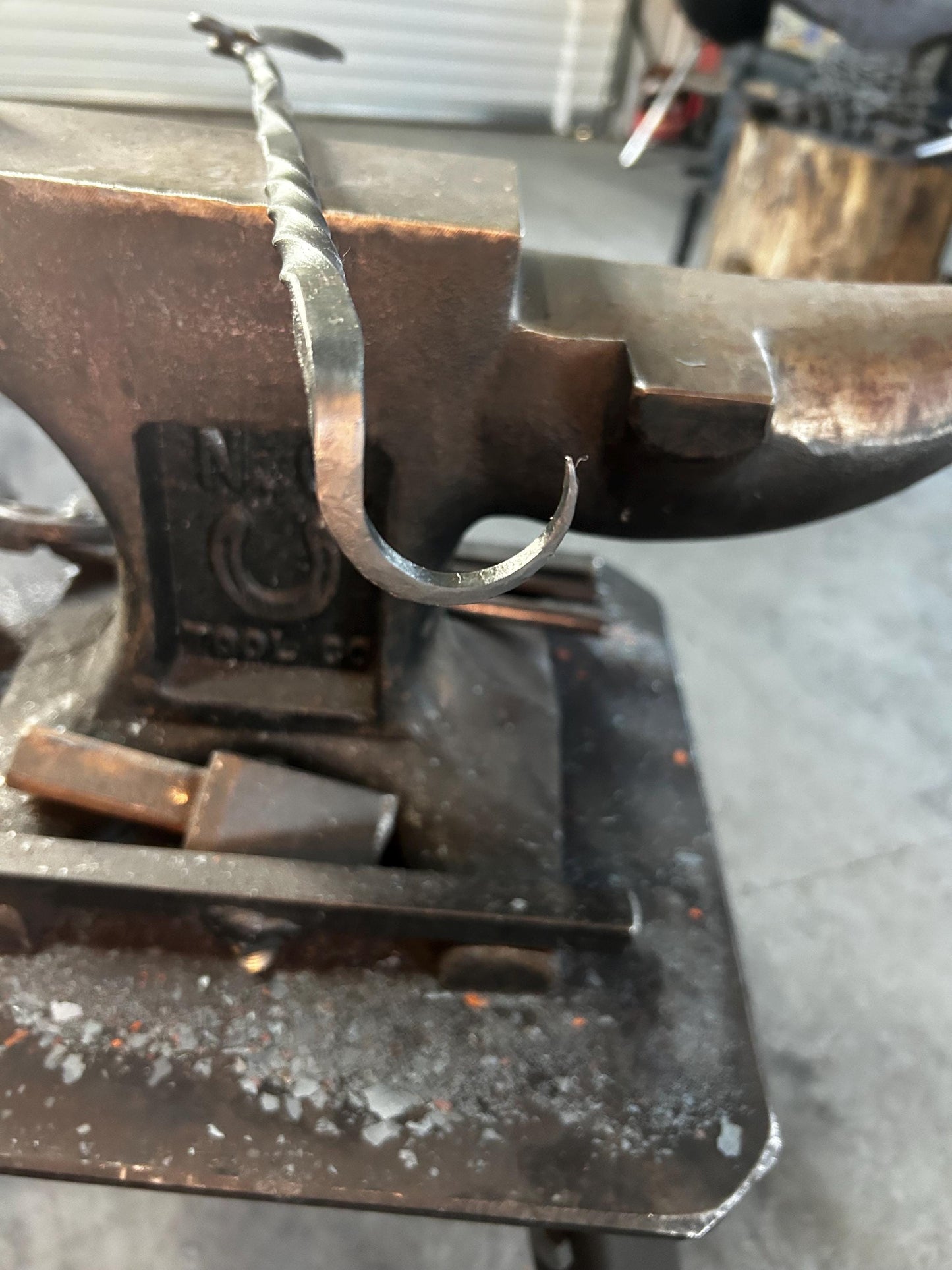 Hand forged meat turner. 3/8” carbon steel. Light yet strong with a forge finish and leaf end. 16” long