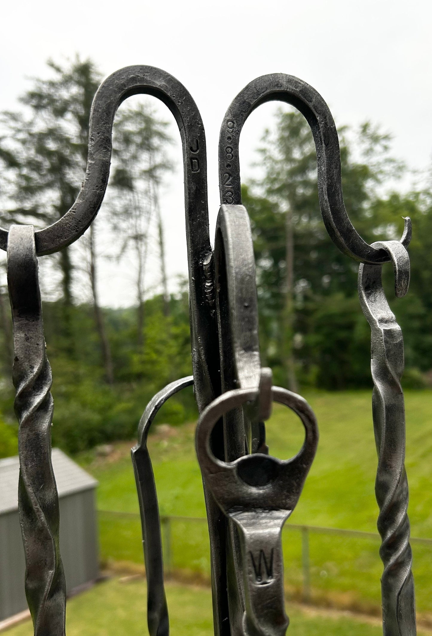 Hand forged 4 piece  bbq tool set with forged stand.